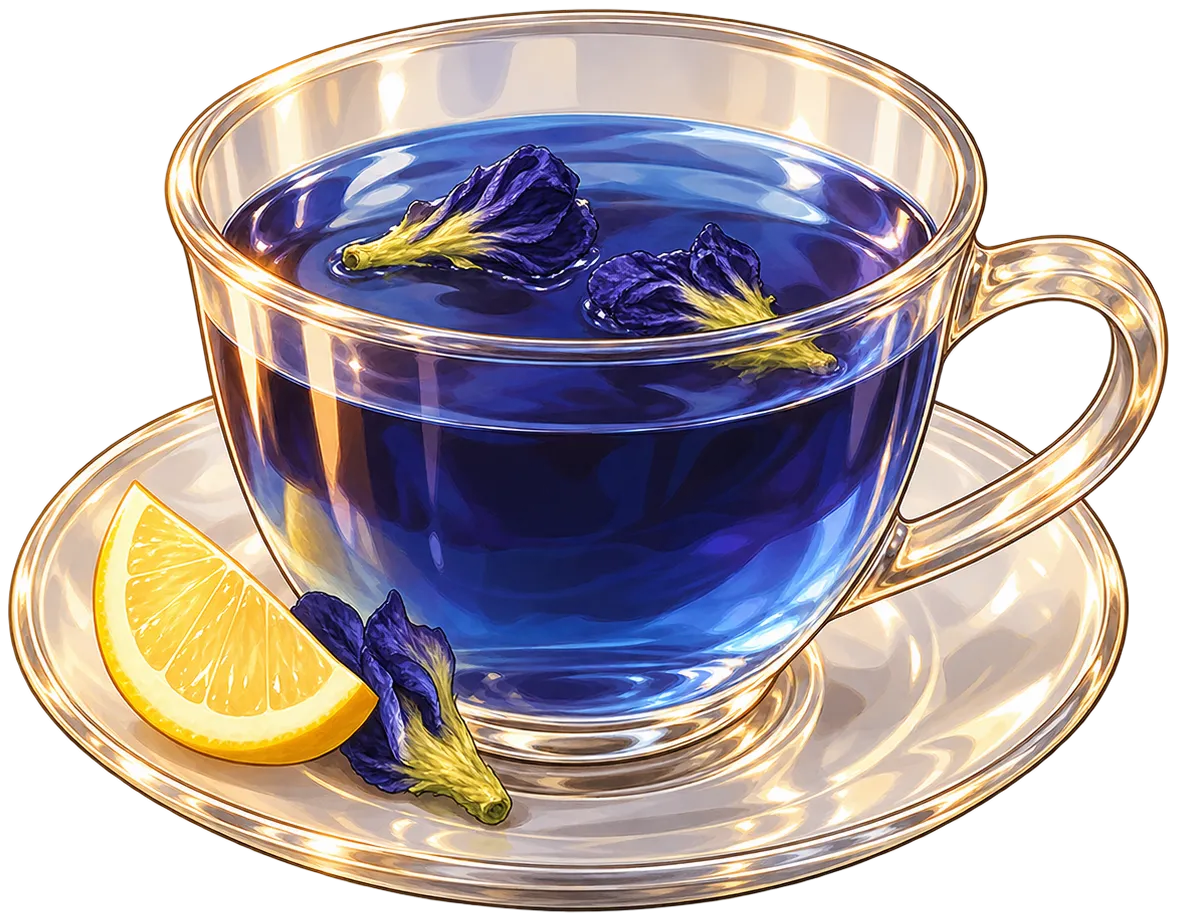 Glass cup of blue butterfly pea tea with a lemon wedge