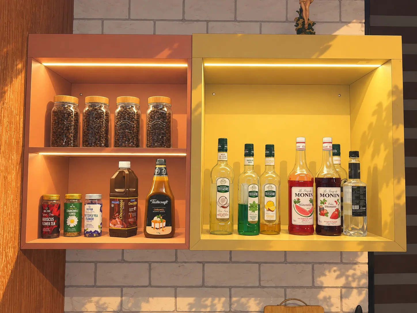 Jars of coffee beans, flower teas and syrups on glowing terracotta and mustard shelves