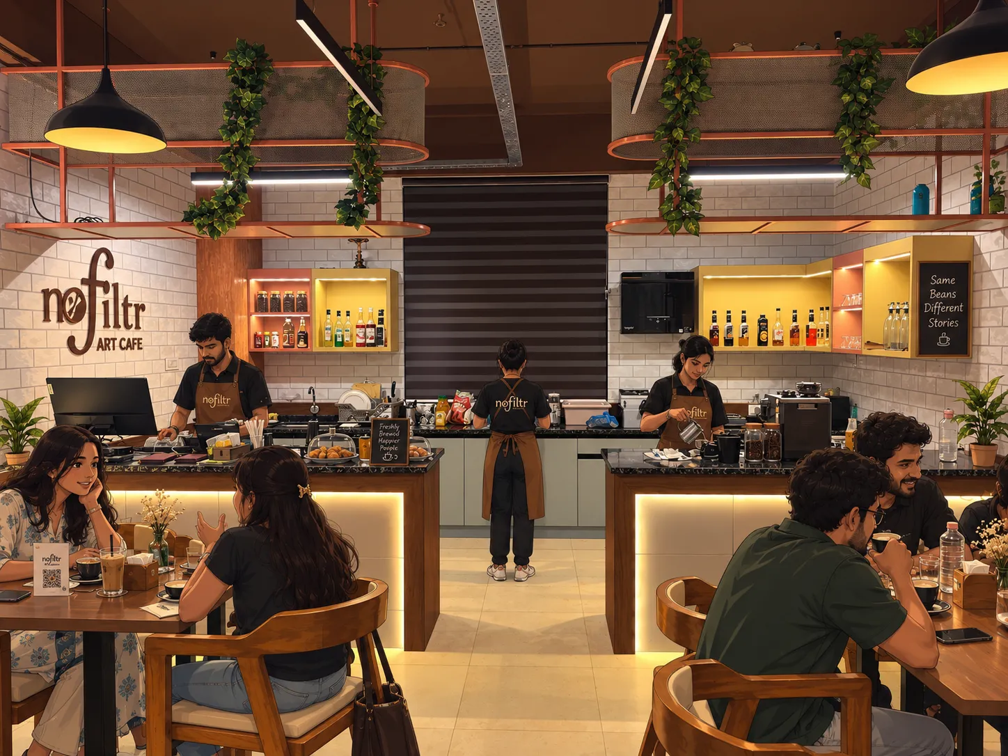 Inside nofiltŕ: baristas at work behind the lit counters while friends chat over coffee at the tables