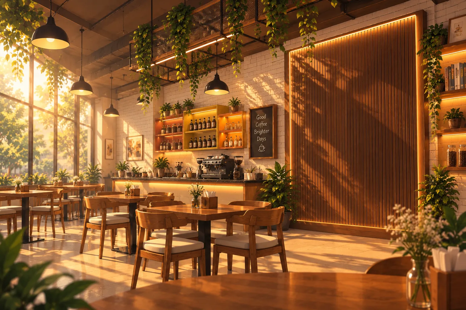 Sunlit interior of nofiltŕ Art Cafe with white brick, walnut panels and glowing shelves