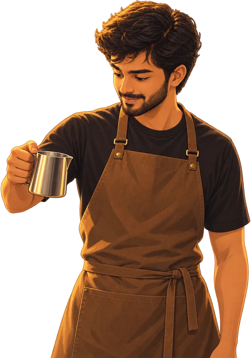 Smiling barista in a black tee and brown apron holding a milk pitcher